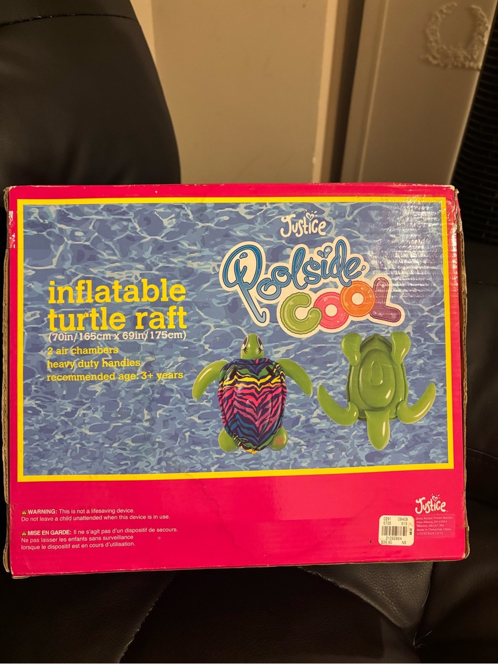 Justice Neon Zebra Shell Inflatable Turtle Raft with Green Body - Picture 2 of 4